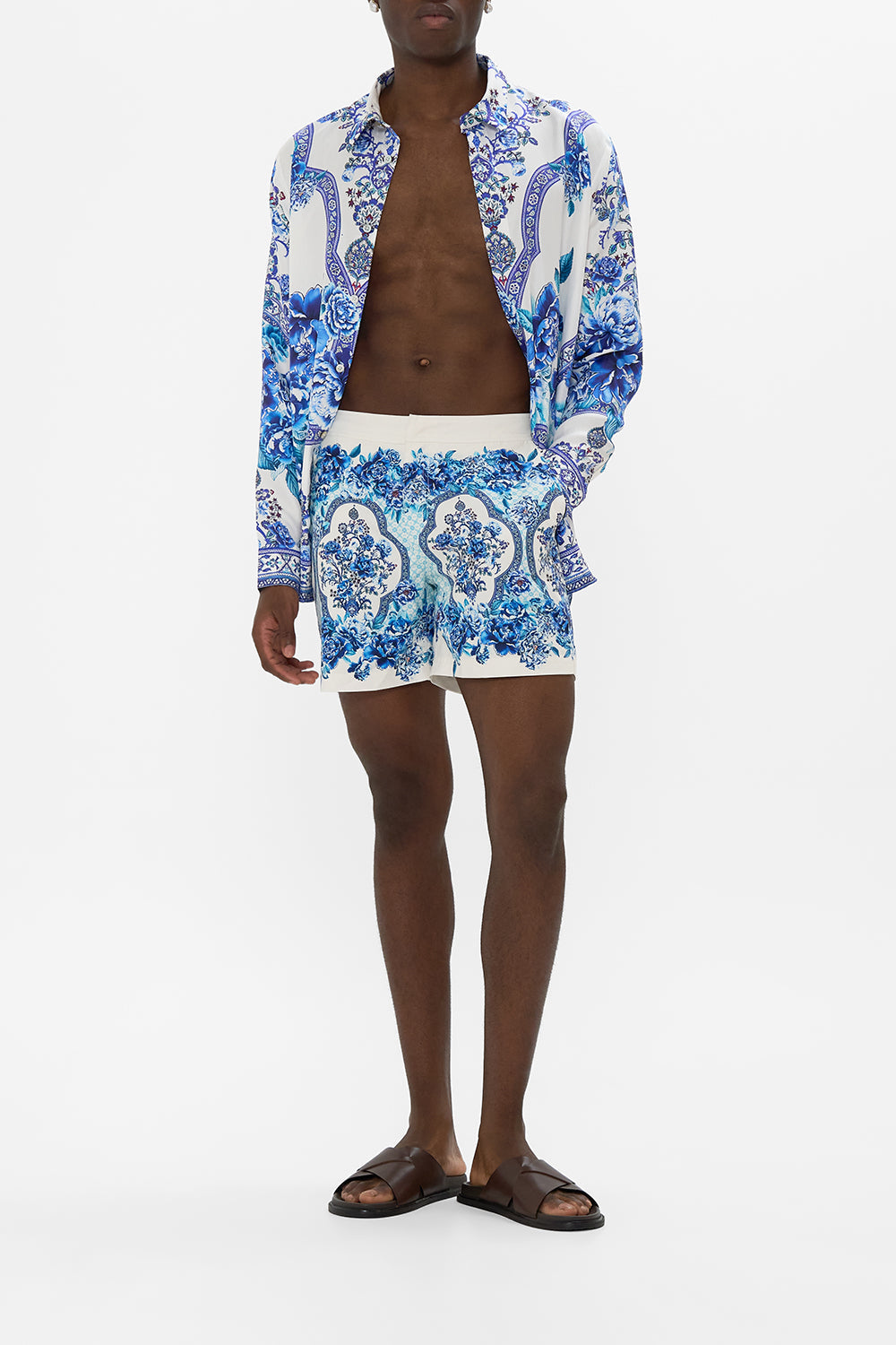 The CAMILLA MID LENGTH BOARDSHORT WITH FIXED WAIST A CERAMIC GARDEN in our  print.