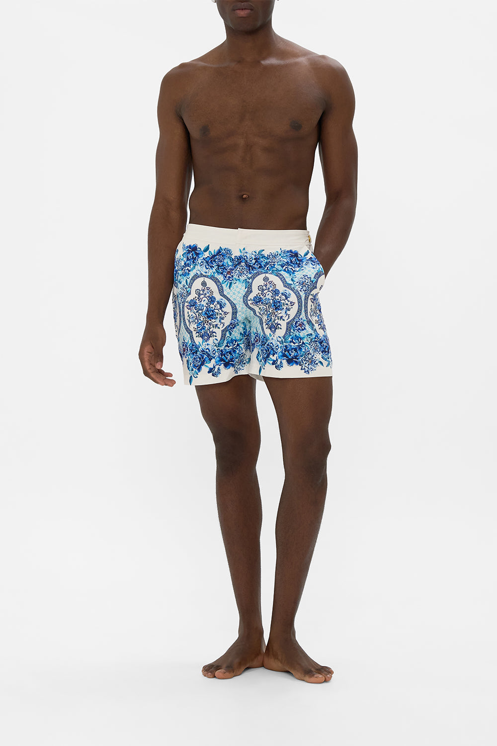 The CAMILLA MID LENGTH BOARDSHORT WITH FIXED WAIST A CERAMIC GARDEN in our A CERAMIC GARDEN print.