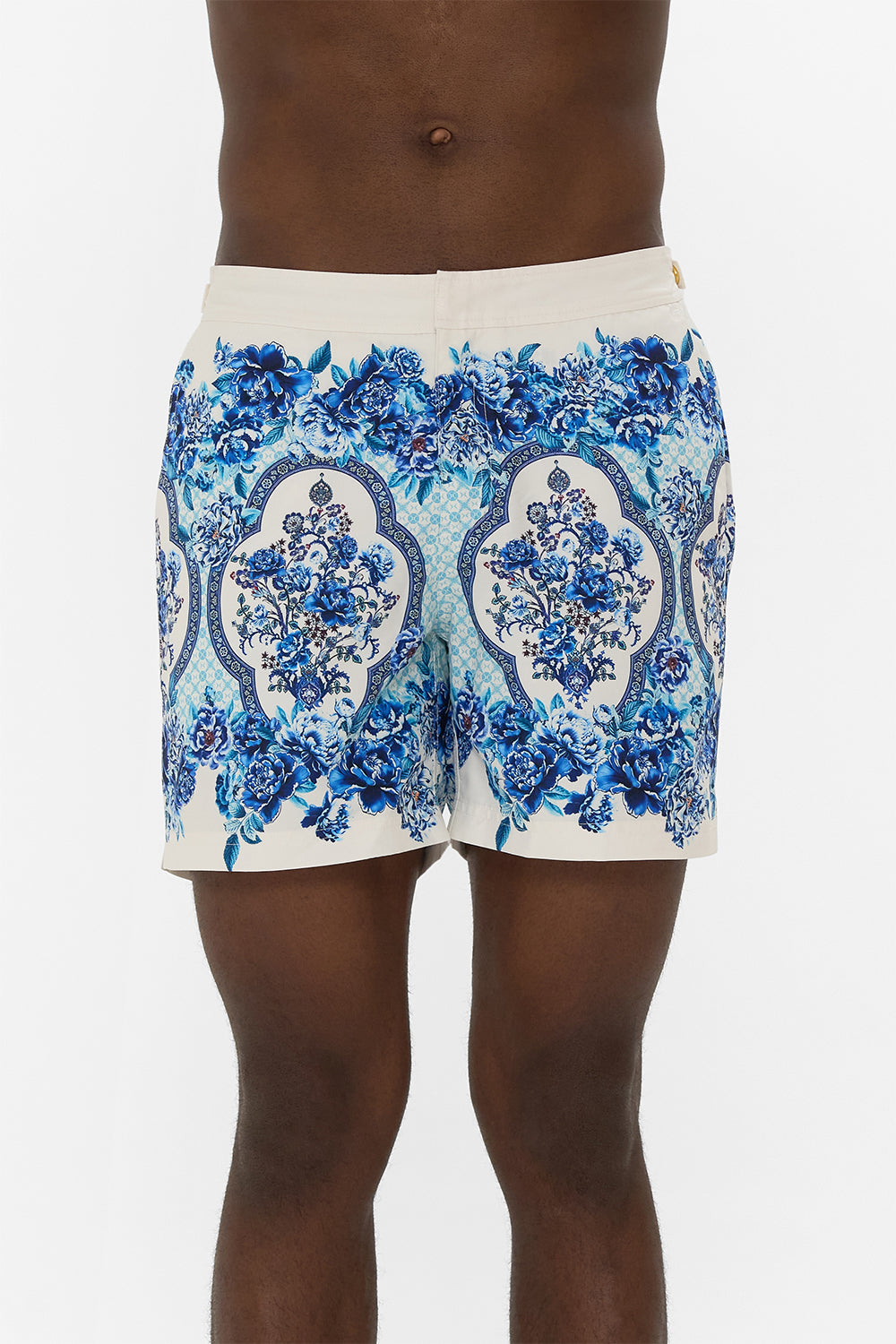 The CAMILLA MID LENGTH BOARDSHORT WITH FIXED WAIST A CERAMIC GARDEN in our  print.