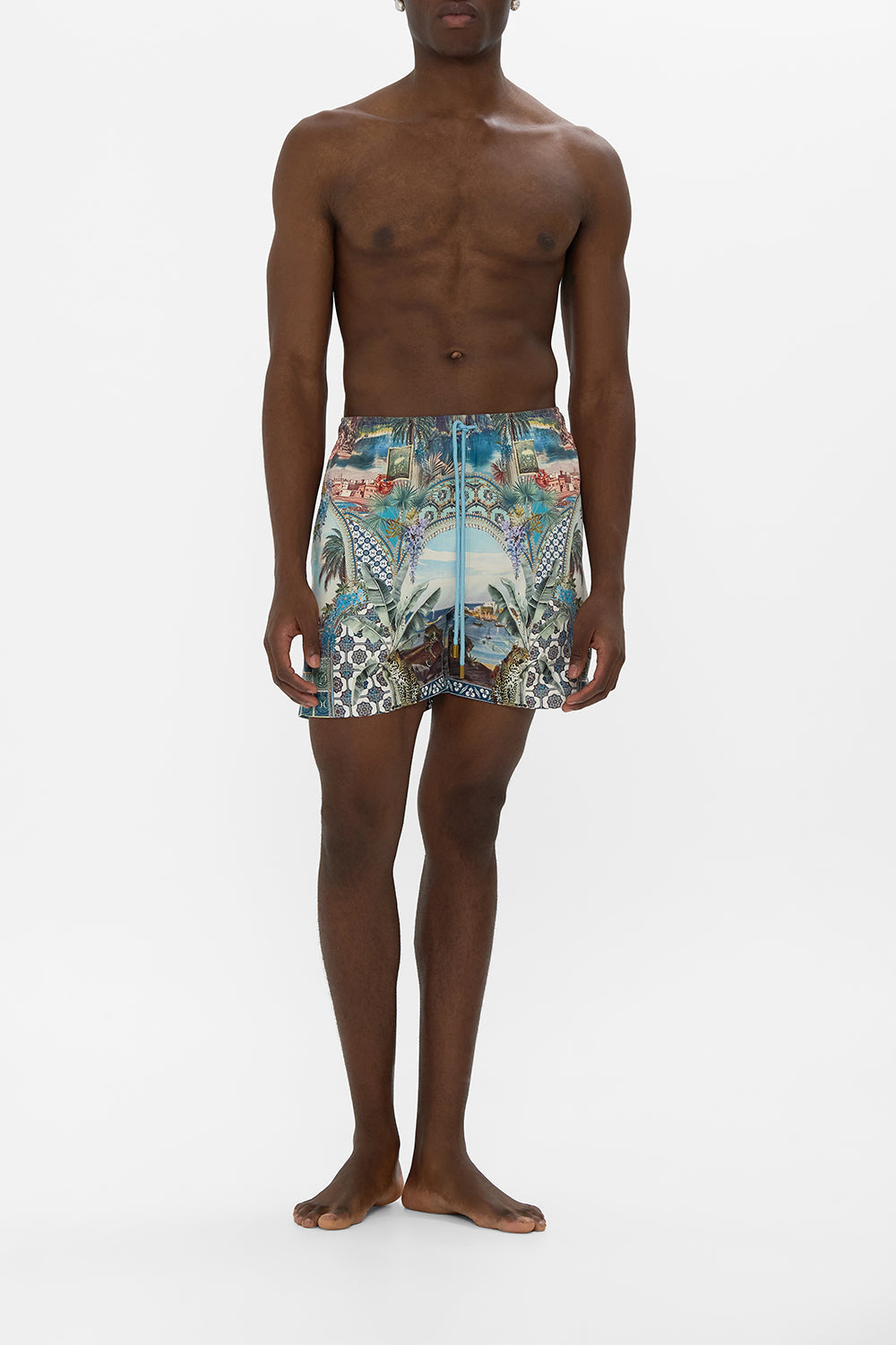The CAMILLA MID LENGTH BOARDSHORT WITH ELASTIC WAIST POSTCARDS & PALM TREES in our POSTCARDS & PALM TREES print.