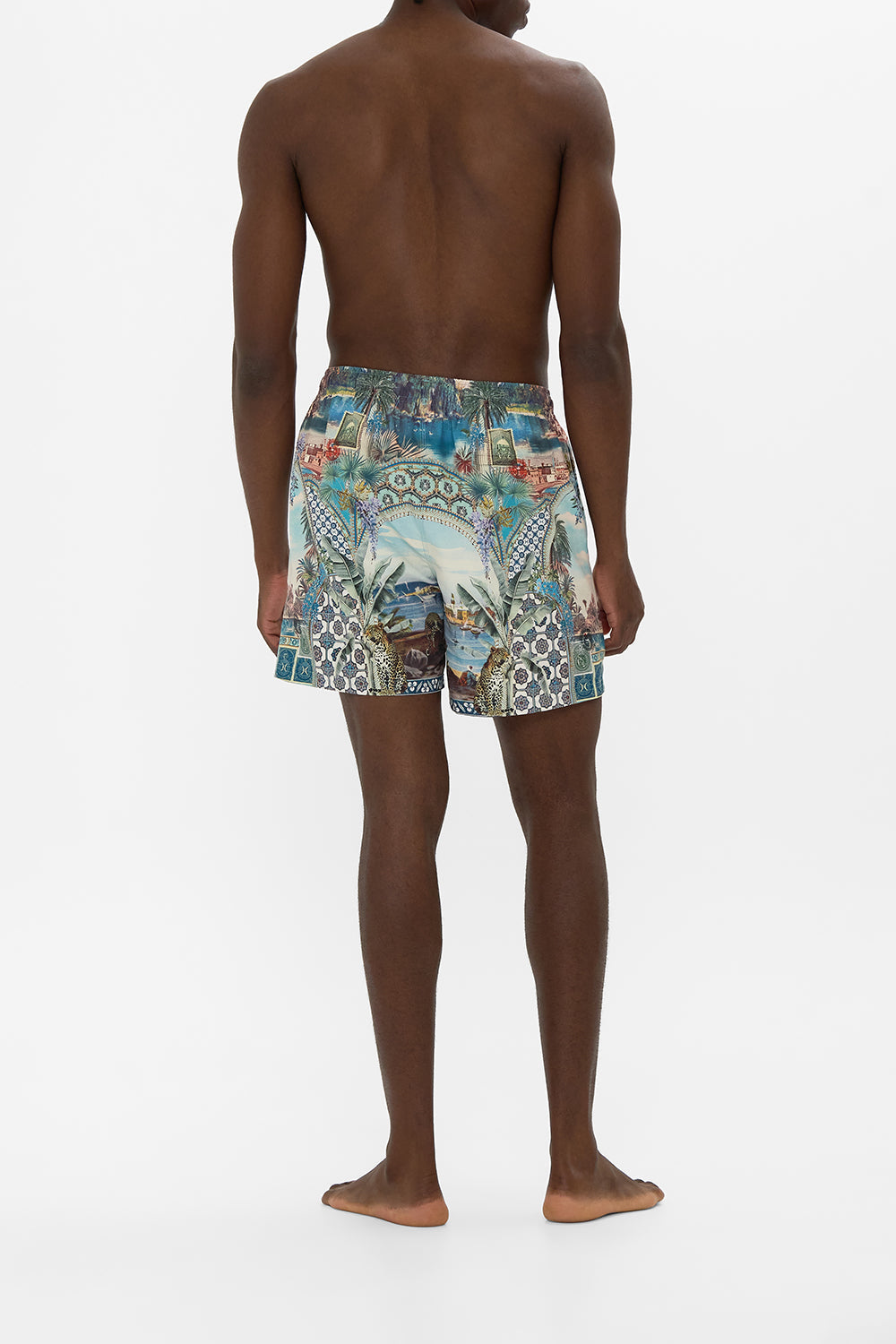 The CAMILLA MID LENGTH BOARDSHORT WITH ELASTIC WAIST POSTCARDS & PALM TREES in our  print.