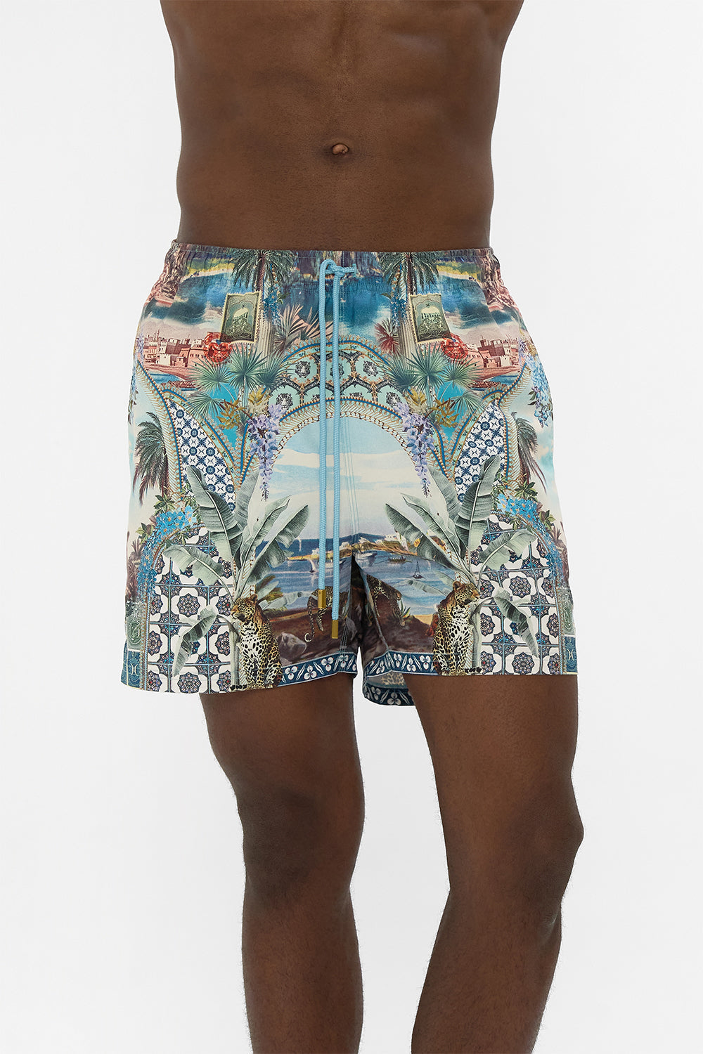 The CAMILLA MID LENGTH BOARDSHORT WITH ELASTIC WAIST POSTCARDS & PALM TREES in our  print.
