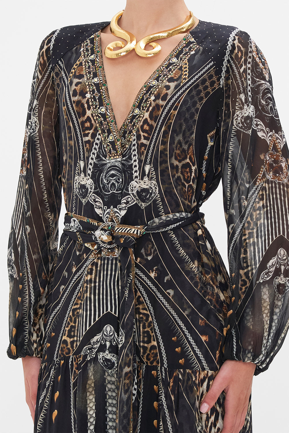 Detail view of model wearing CAMILLA silk maxi dress in Chaos In The Cosmos animal print