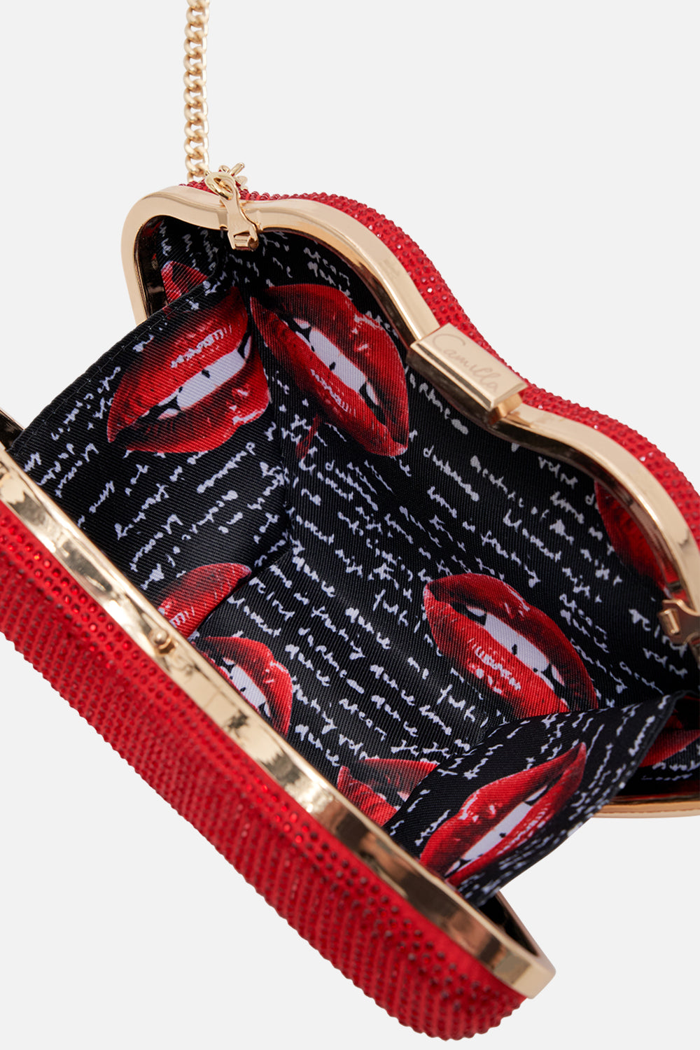 Inside view CAMILLA red lips clutch bag Chaos Magic 