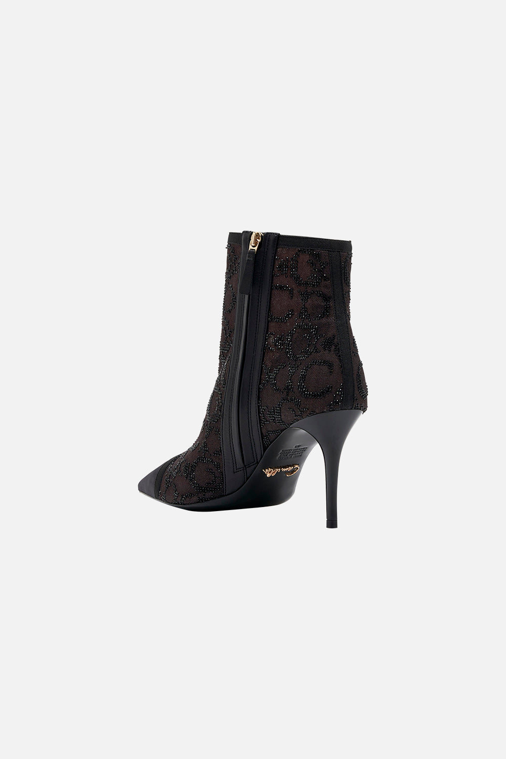 The CAMILLA NATALIE HEEL MESH BOOT SOLID BLACK in our  print.