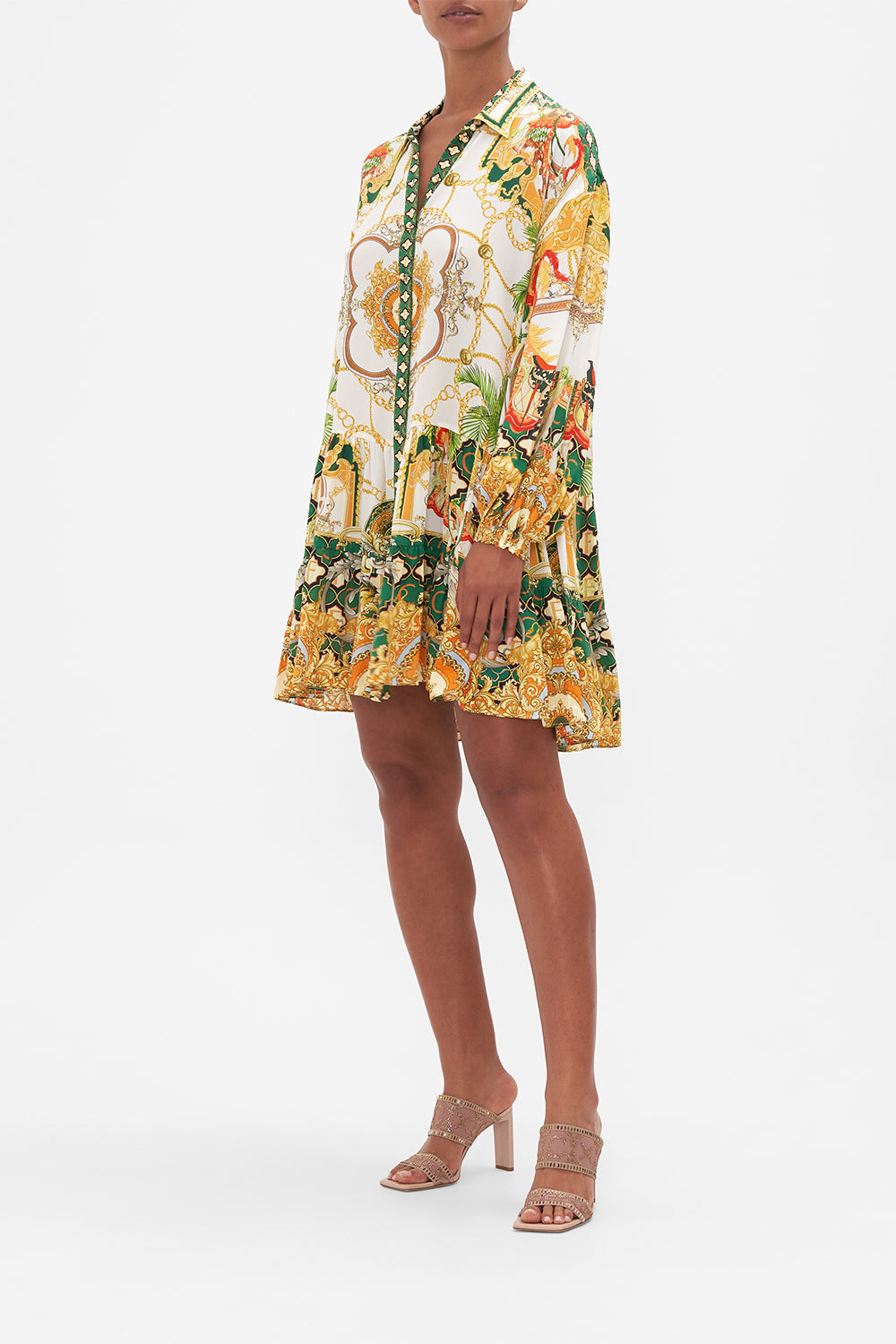 Side view of model wearing CAMILLA shirt dress in My Sweet Devotion print