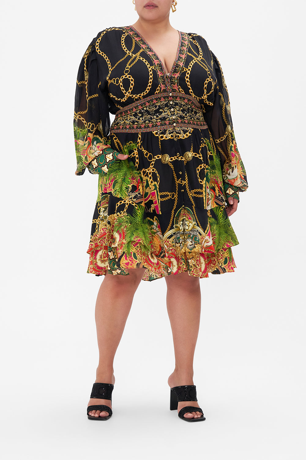 Front view of curvy model wearing CAMILLA plus size silk dress in Jealousy And Jewels print