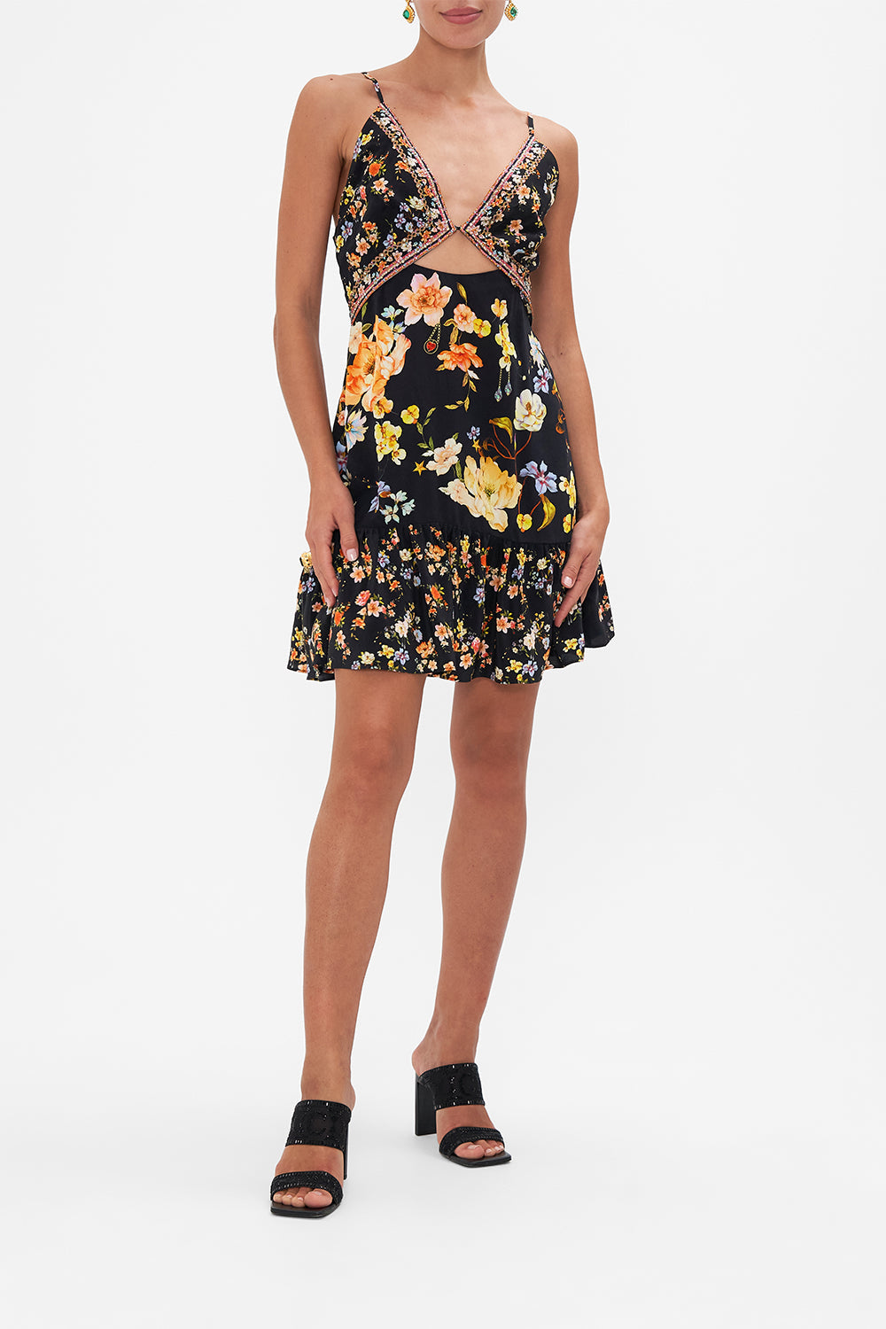 Front view of model wearing CAMILLA floral silk mini dress in Secret History print