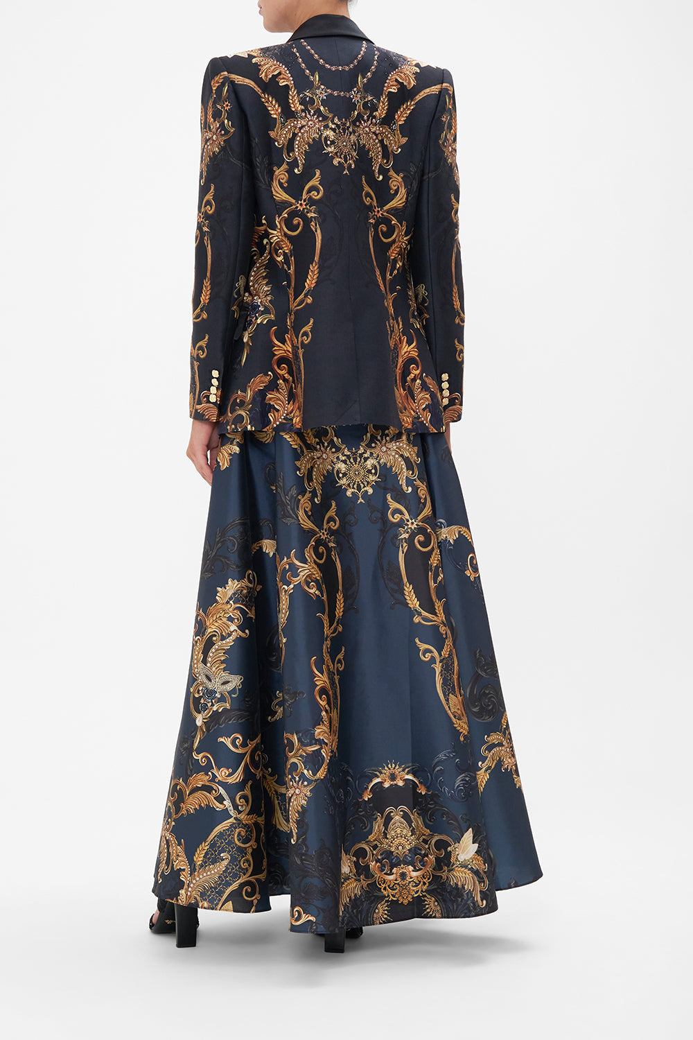 Back view model wearing of CAMILLA silk wool blazer jacket in Moonlight Melodies print