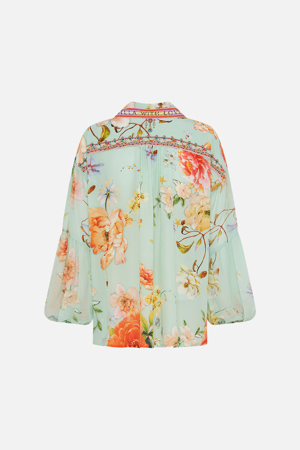 Video of model wearing CAMILLA floral silk blouse in Talk The Walk print