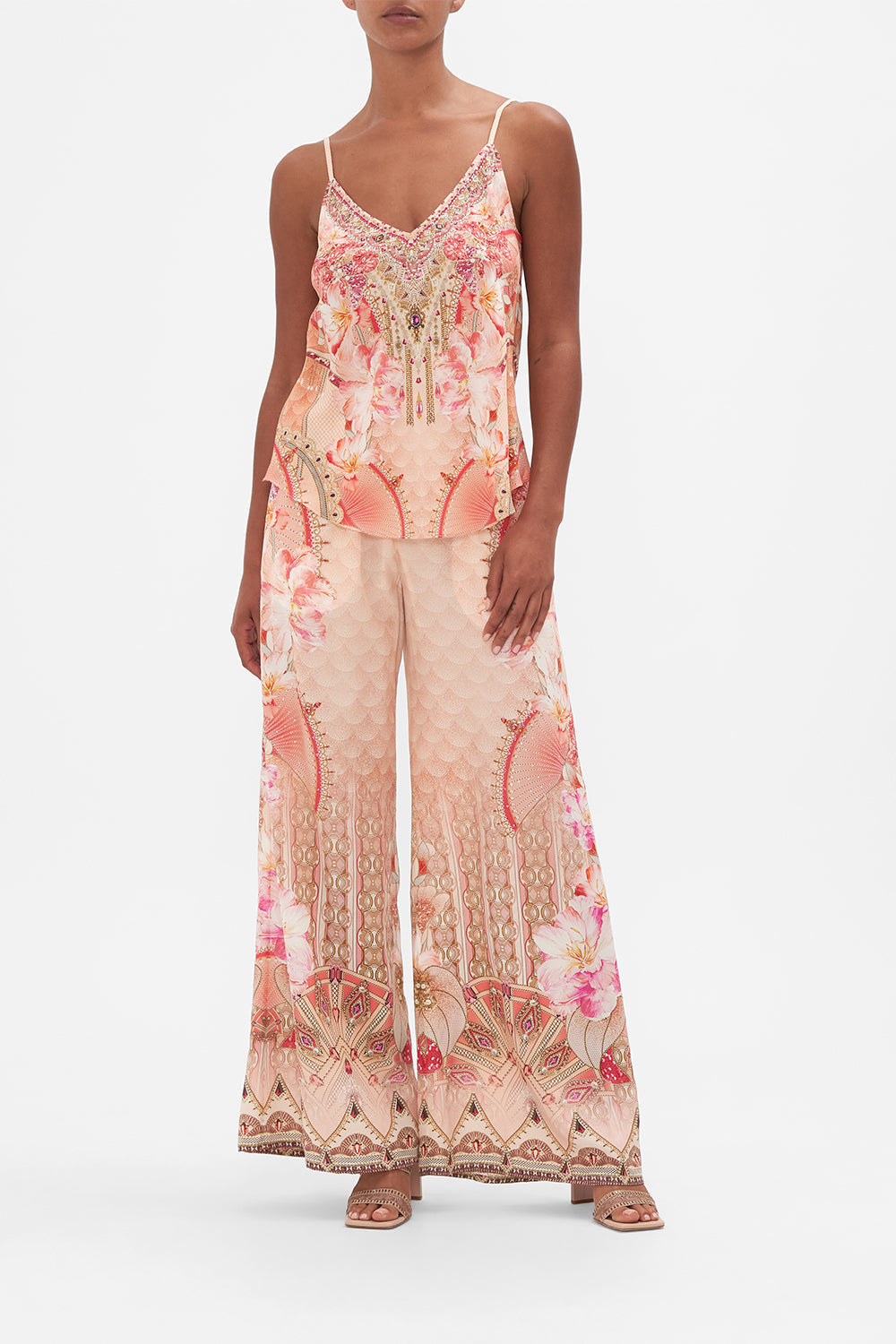 Front view of model wearing CAMILLA Silk Satin bias cami in Adore Me print