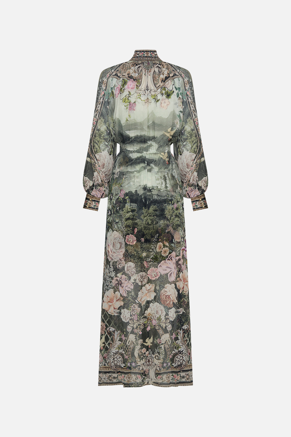 Back product view of CAMILLA green silk floral maxi dress in Garden Of Good Fortune print