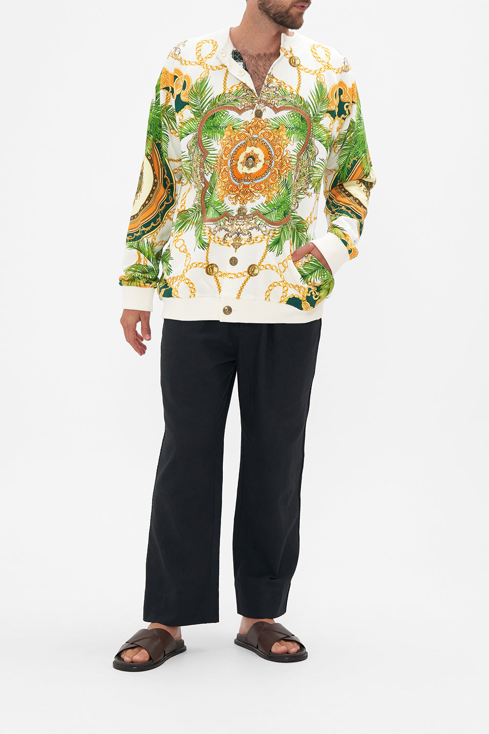 Front view of model wearing Hotel Franks by CAMILLA mens oversized hoodie in white My Sweet Devotion print