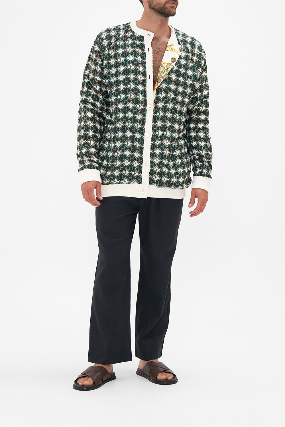 Detail view of model wearing Hotel Franks by CAMILLA mens oversized hoodie in white My Sweet Devotion print