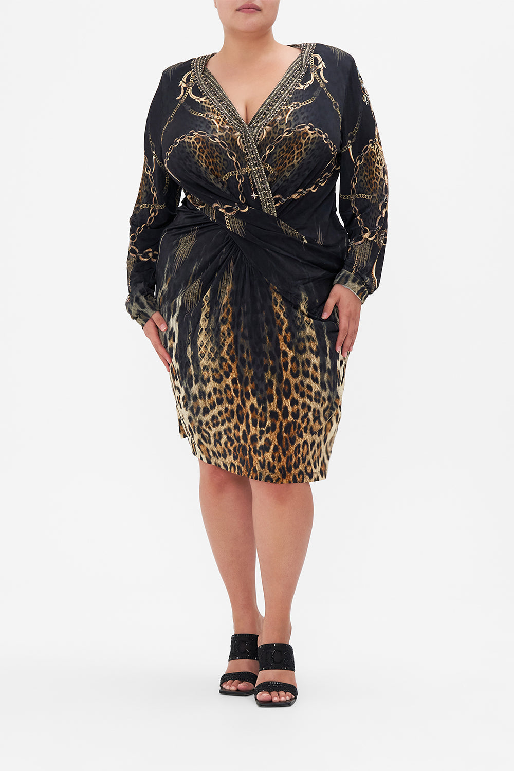front view if curvy model wearing CAMILLA plus size leopard print dress in Jungle Dreaming print