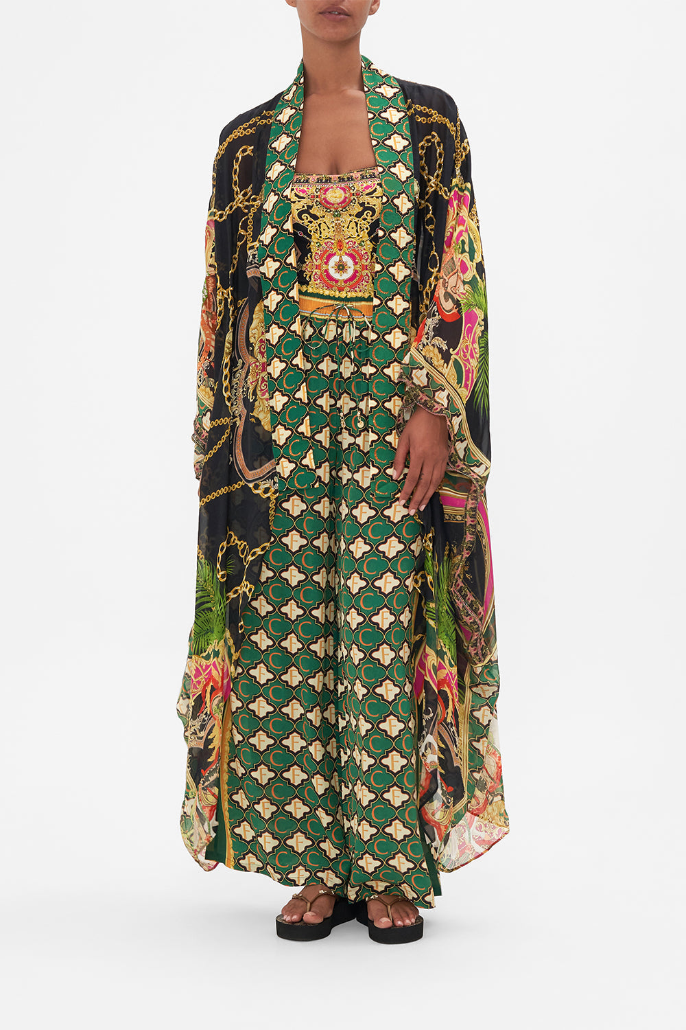 Front view of model wearing CAMILLA silk kimono in Jealousy and Jewels print 