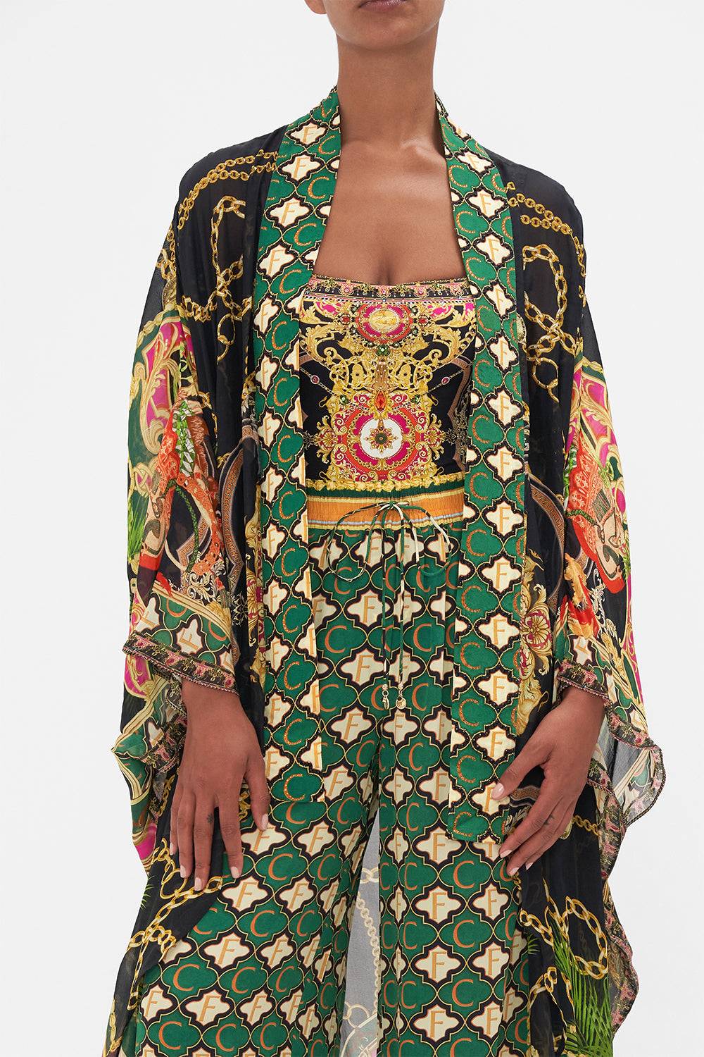 Detail view of model wearing CAMILLA silk kimono in Jealousy and Jewels  print 