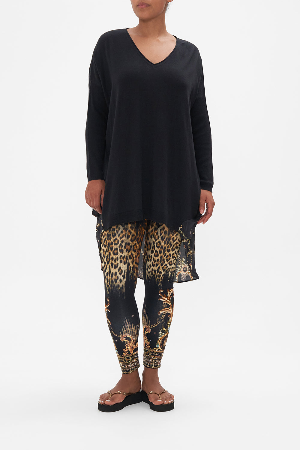 Front view of model wearing CAMILLA v neck knit jumper in Jungle dreaming print