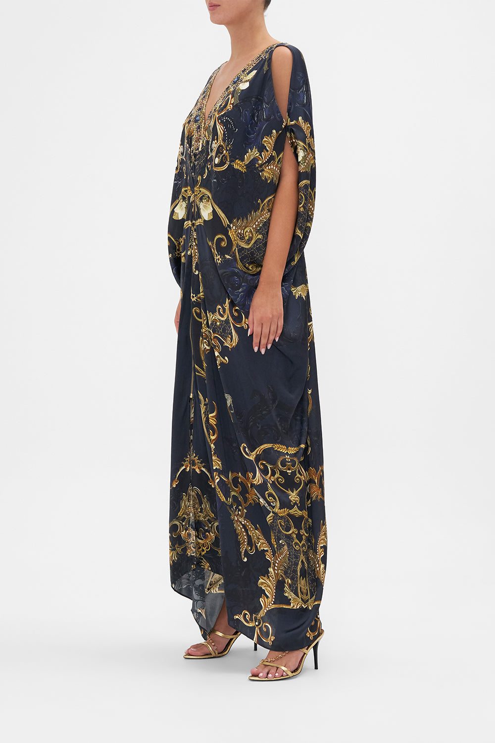 Side view of model wearing CAMILLA silk maxi dress in Moonlight Melodies print