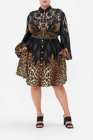 Front view of curvy model wearing CAMILLA plus size silk leopard print shirt dress in Jungle Dreaming print