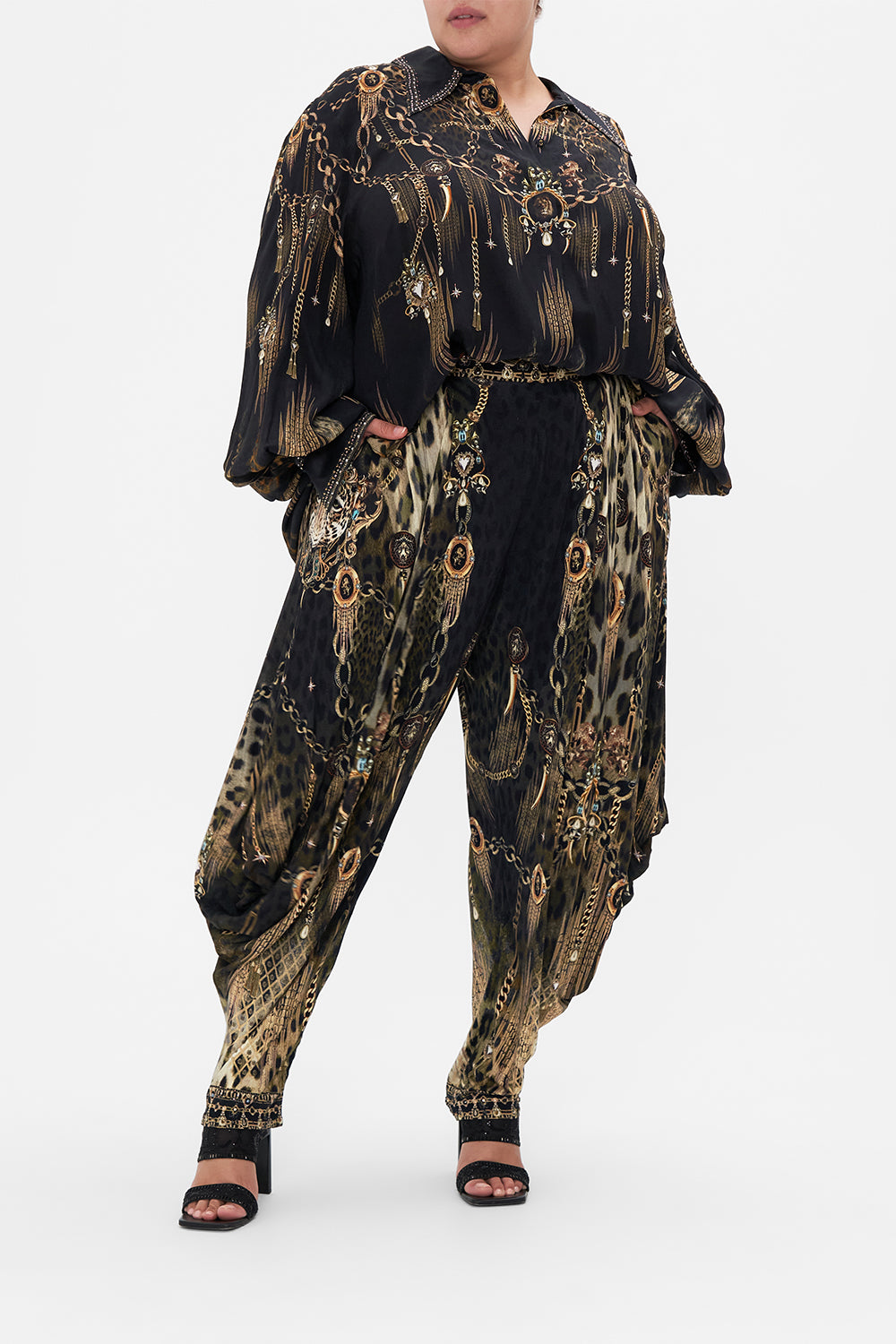 Front view of curvy model wearing CAMILLA plus size silk blouse in Jungle Dreaming print 