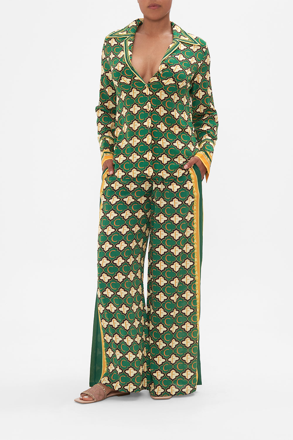 Front view of model wearing CAMILLA silk shirt in Jealousy And Jewels print