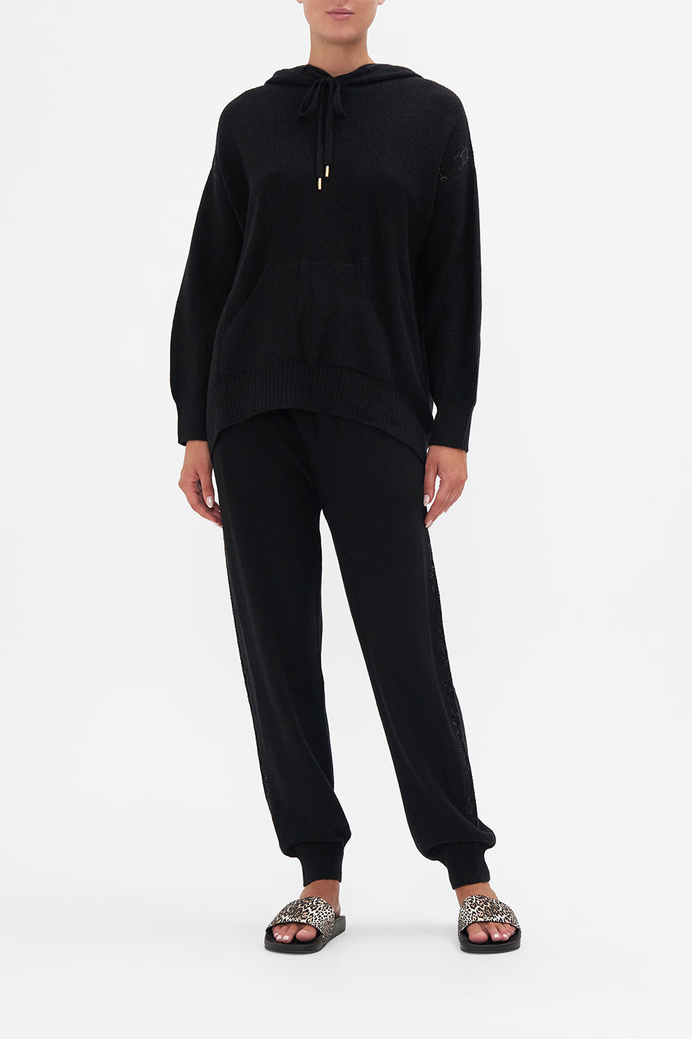 Front view of model wearing CAMILA knit hoodie in Lions Mane print