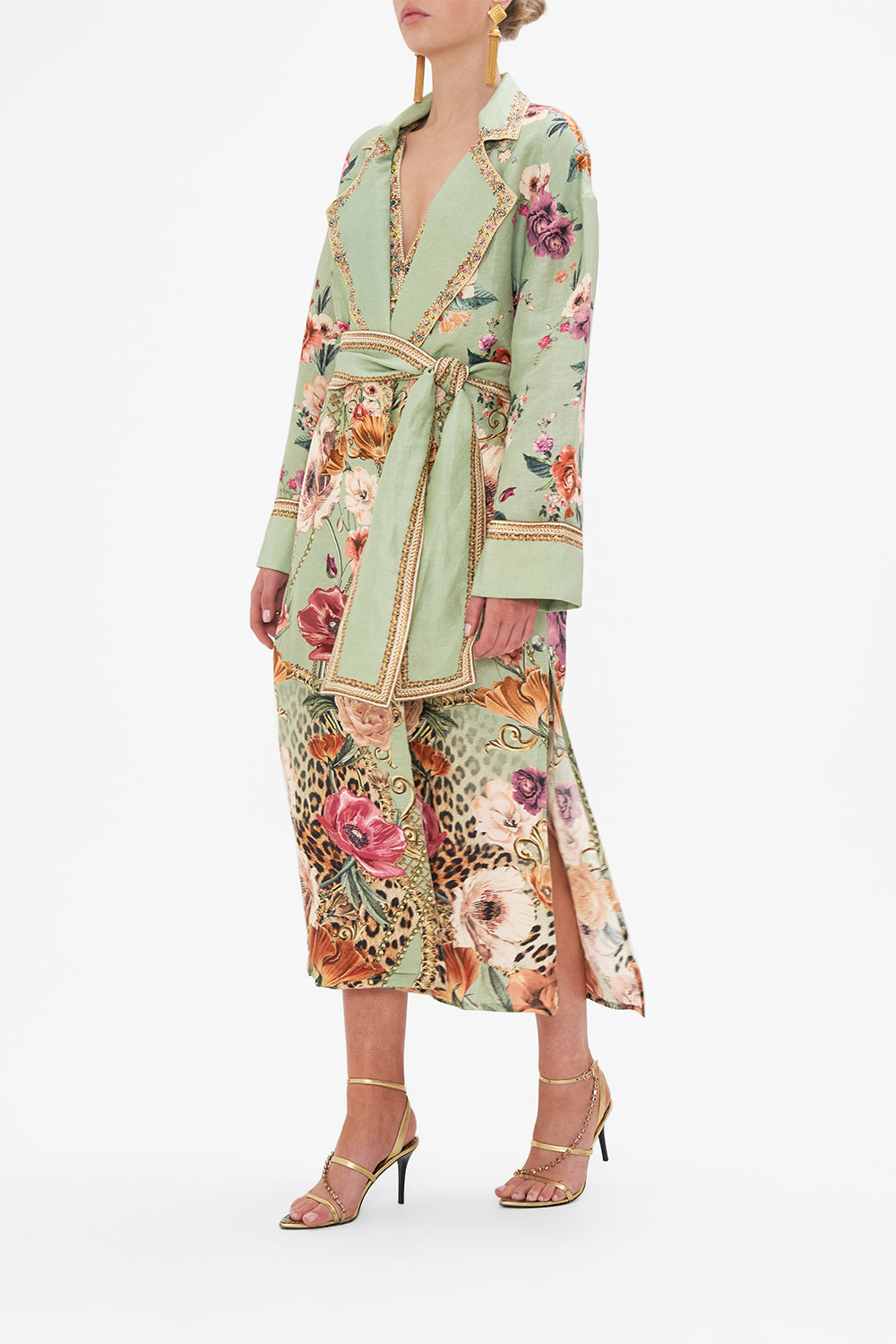 Side view of model wearing CAMILLA silk linen floral jakcet in Grow and Glow print