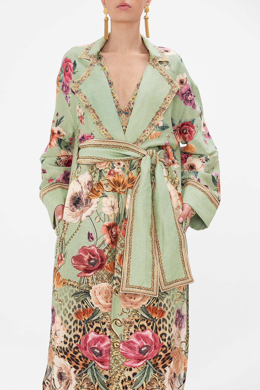 Detail view of model wearing CAMILLA silk linen floral jakcet in Grow and Glow print