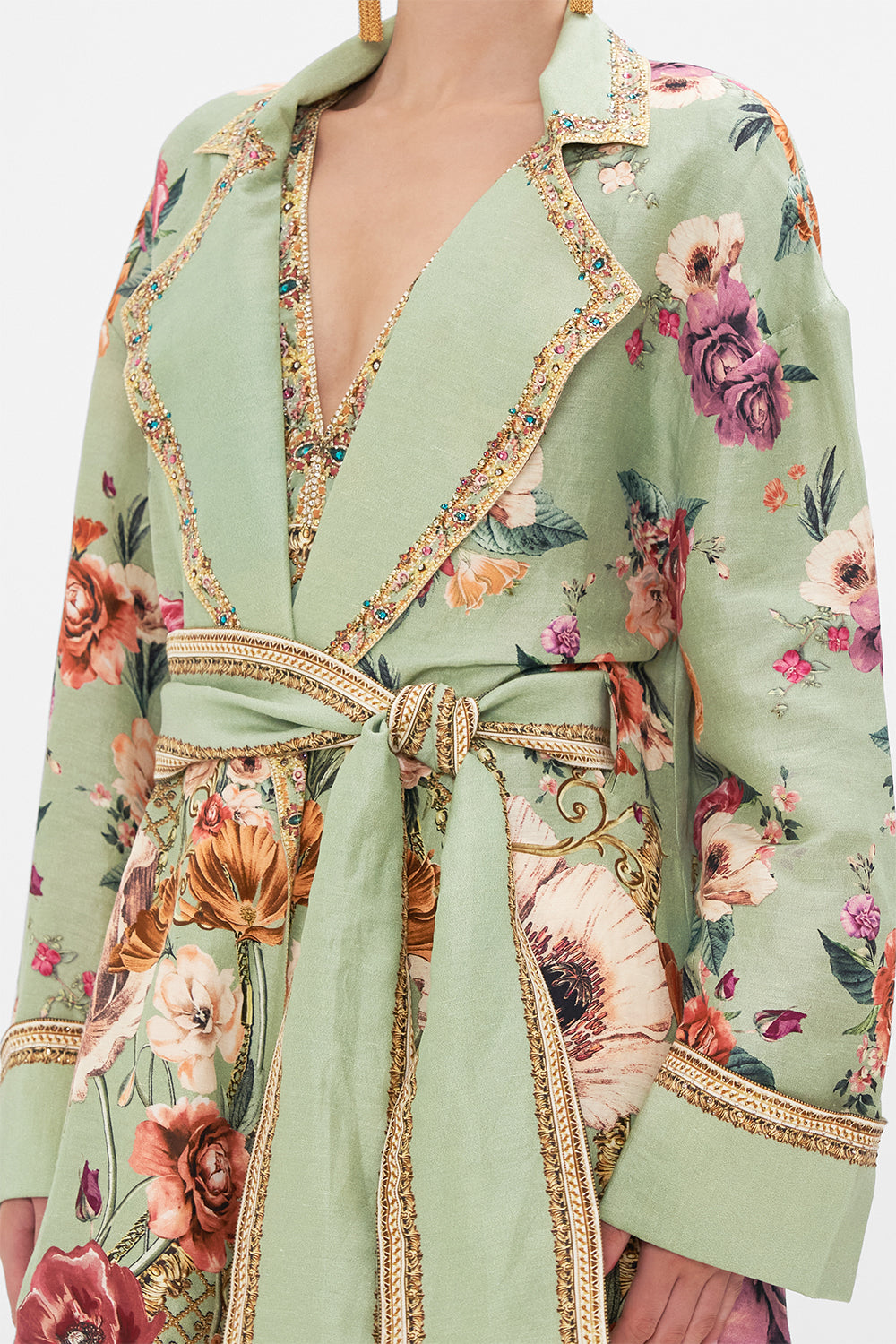 Front product view of CAMILLA silk linen floral jakcet in Grow and Glow print