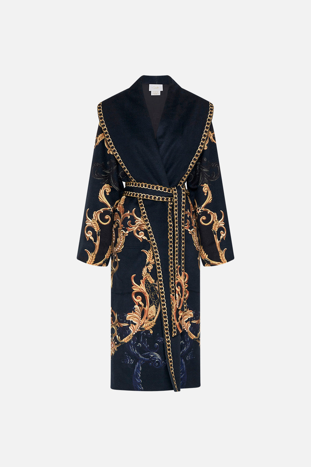 Front product view of CAMILLA long wool coat in Moonlight Melodies print