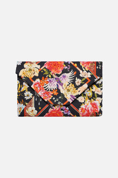 Product view of CAMILLA  floral print clutch bag in Secret History print