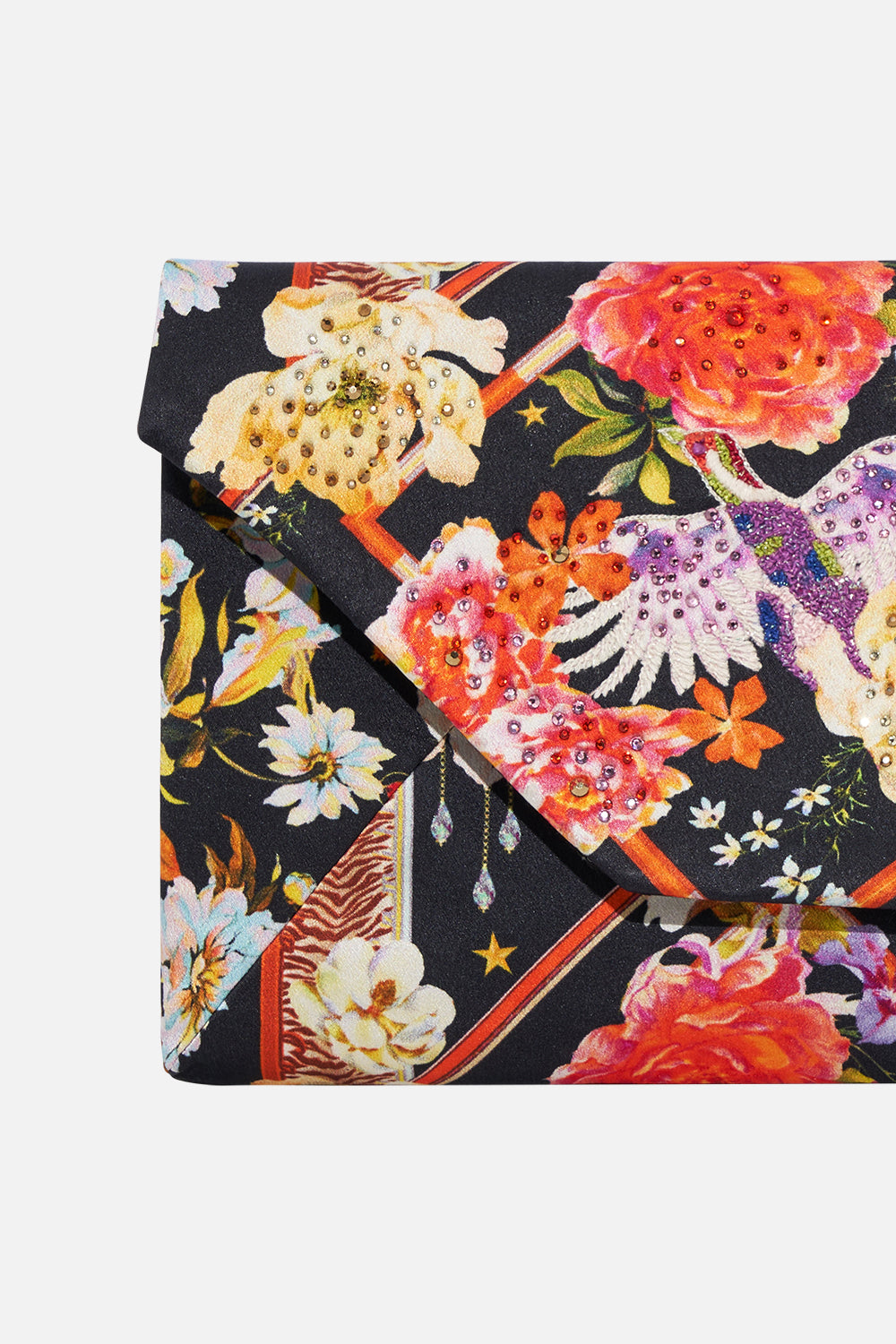 Detail view of CAMILLA  floral print clutch bag in Secret History print