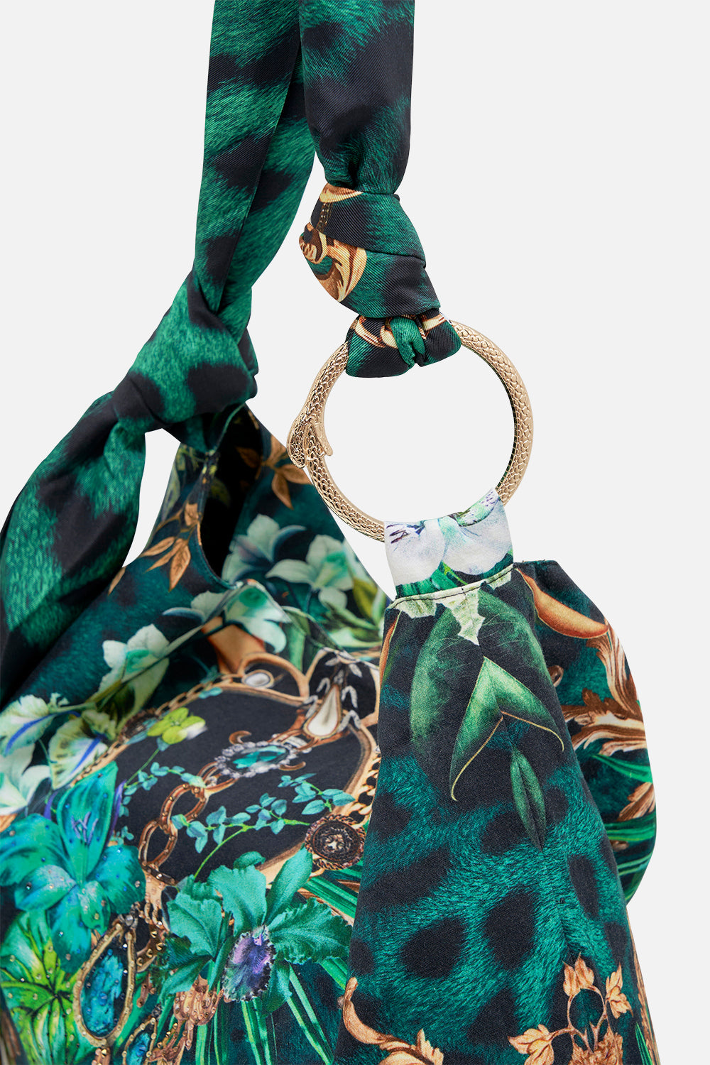 Detail view of CAMILLA linen beach bag in Sing My Song print