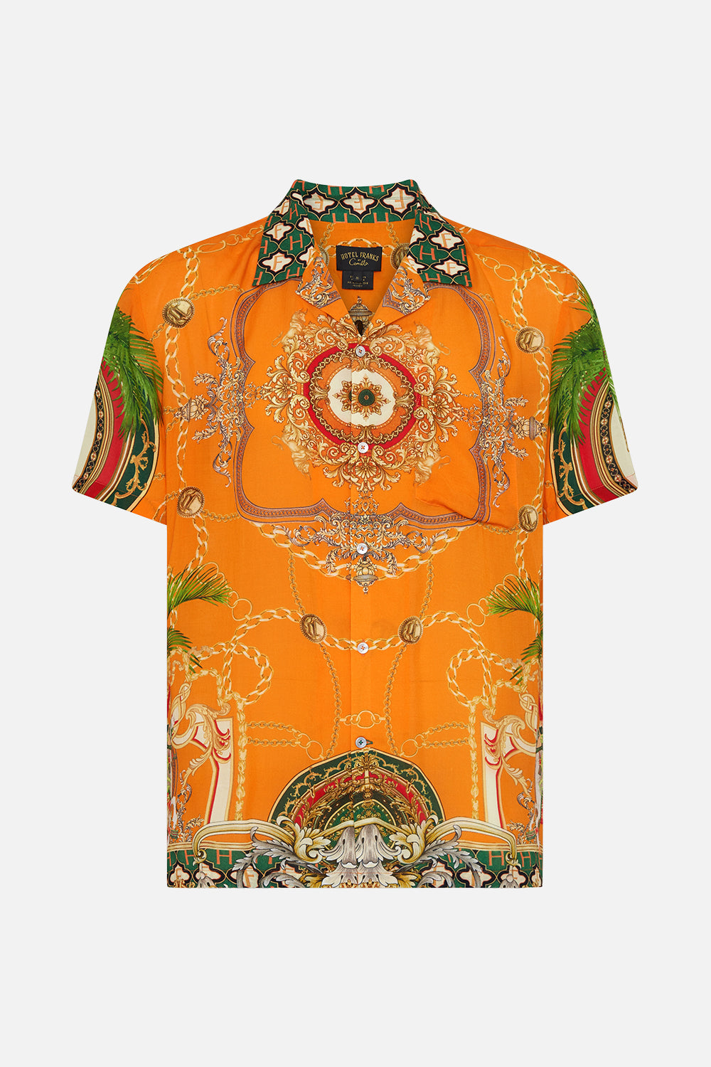 Product view of Hotel Franks by CAMILLA mens orange short sleeve camp collared shirt in Dancing With The Bulls print