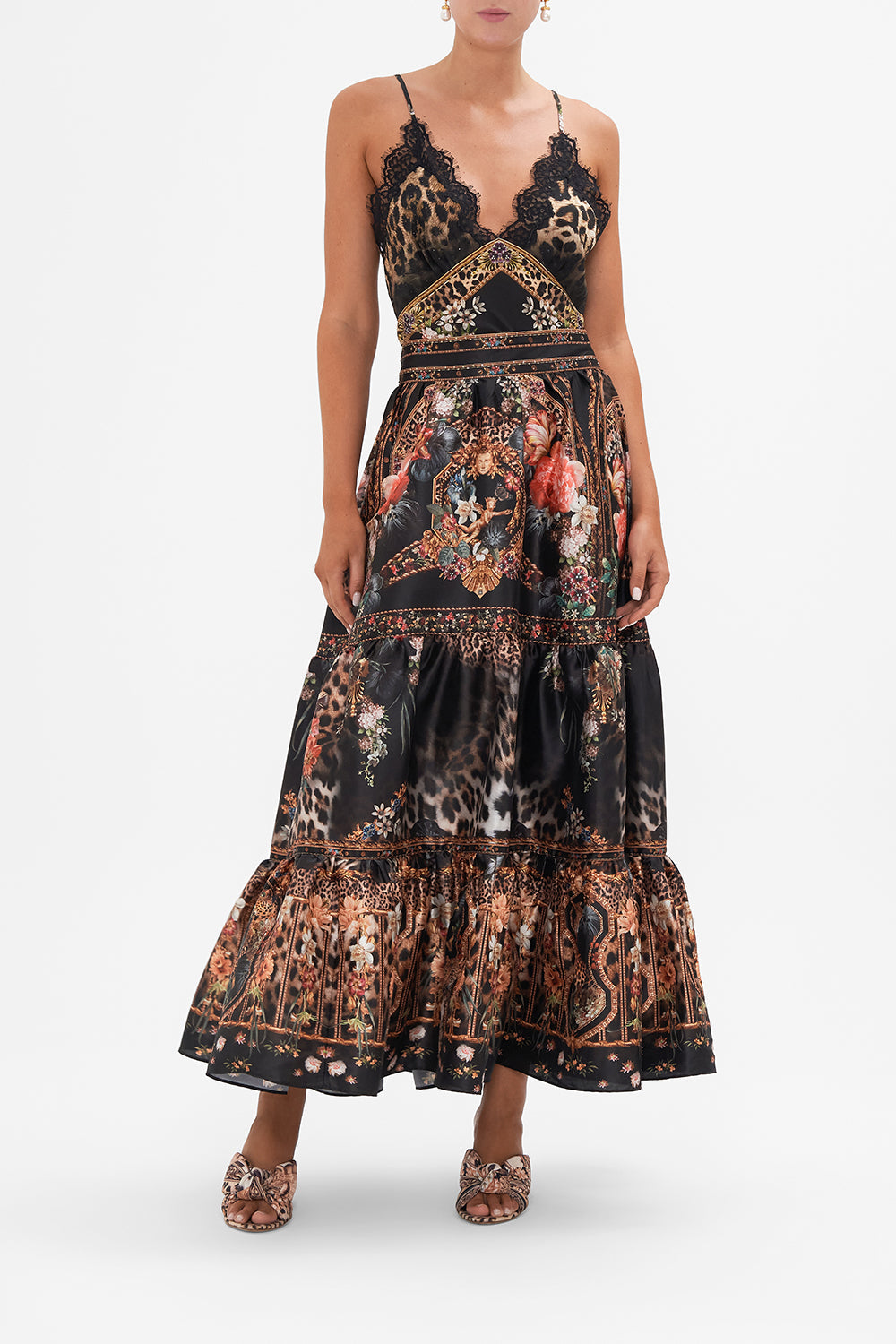 Front view of model wearing CSMILLA silk cami in A Night At The Opera print