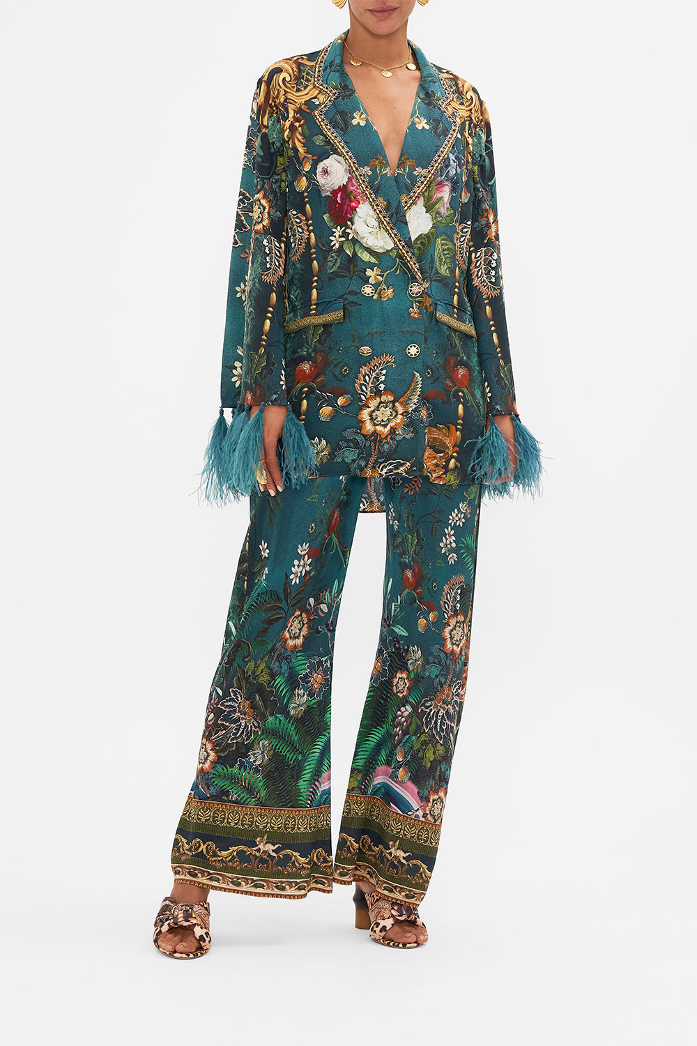 Front view of model wearing CAMILLA green silk jacket in Verdis World print