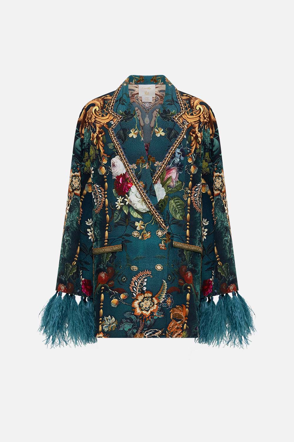 The CAMILLA FLARED SLEEVE DOUBLE BREASTED JACKET VERDIS WORLD in our  print.
