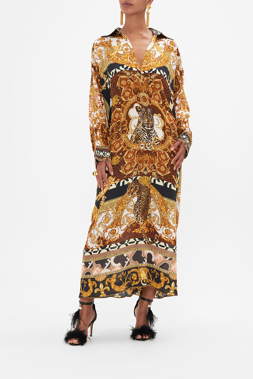 Front view of model wearing CAMILLA brown silk kaftan in Feeling Fresco print