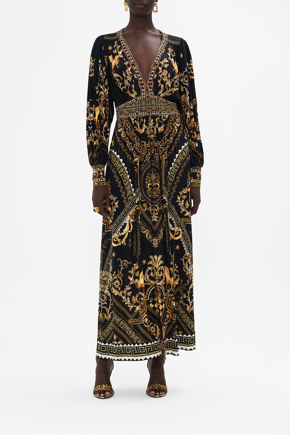 Front view of model wearing CAMILLA black and gold maxi dress in Duomo Dynasty print