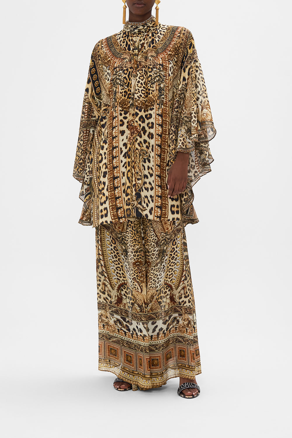 Front view of model wearing CAMILLA silk leopard print blouse in Standing Ovation print 