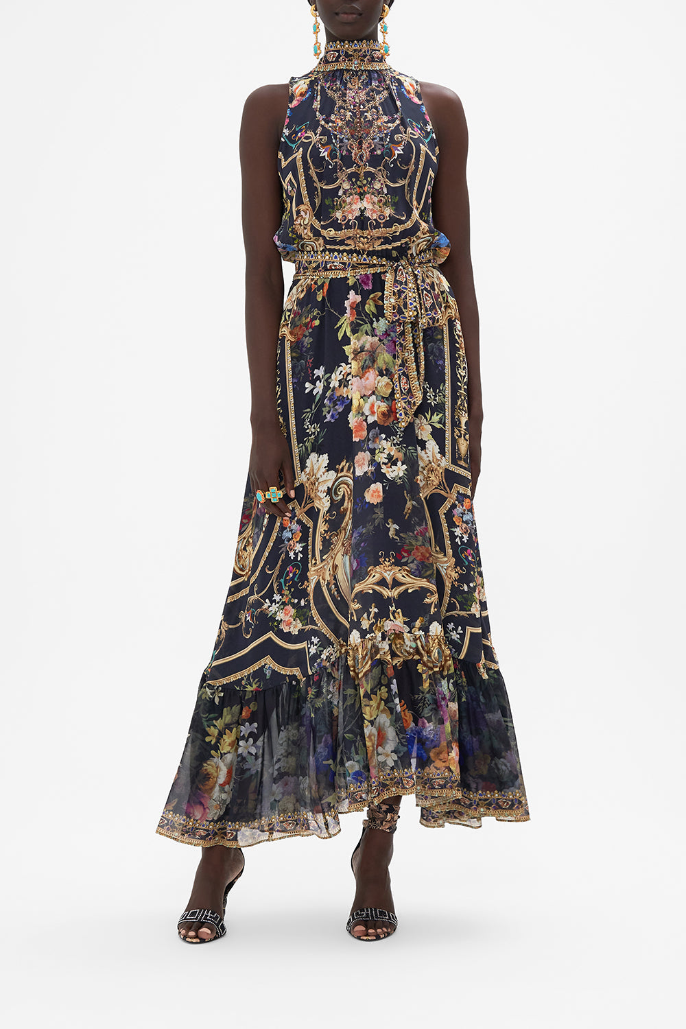 Front view of model wearing CAMILLA silk floral print maxi dress in Play Your Cards Right print