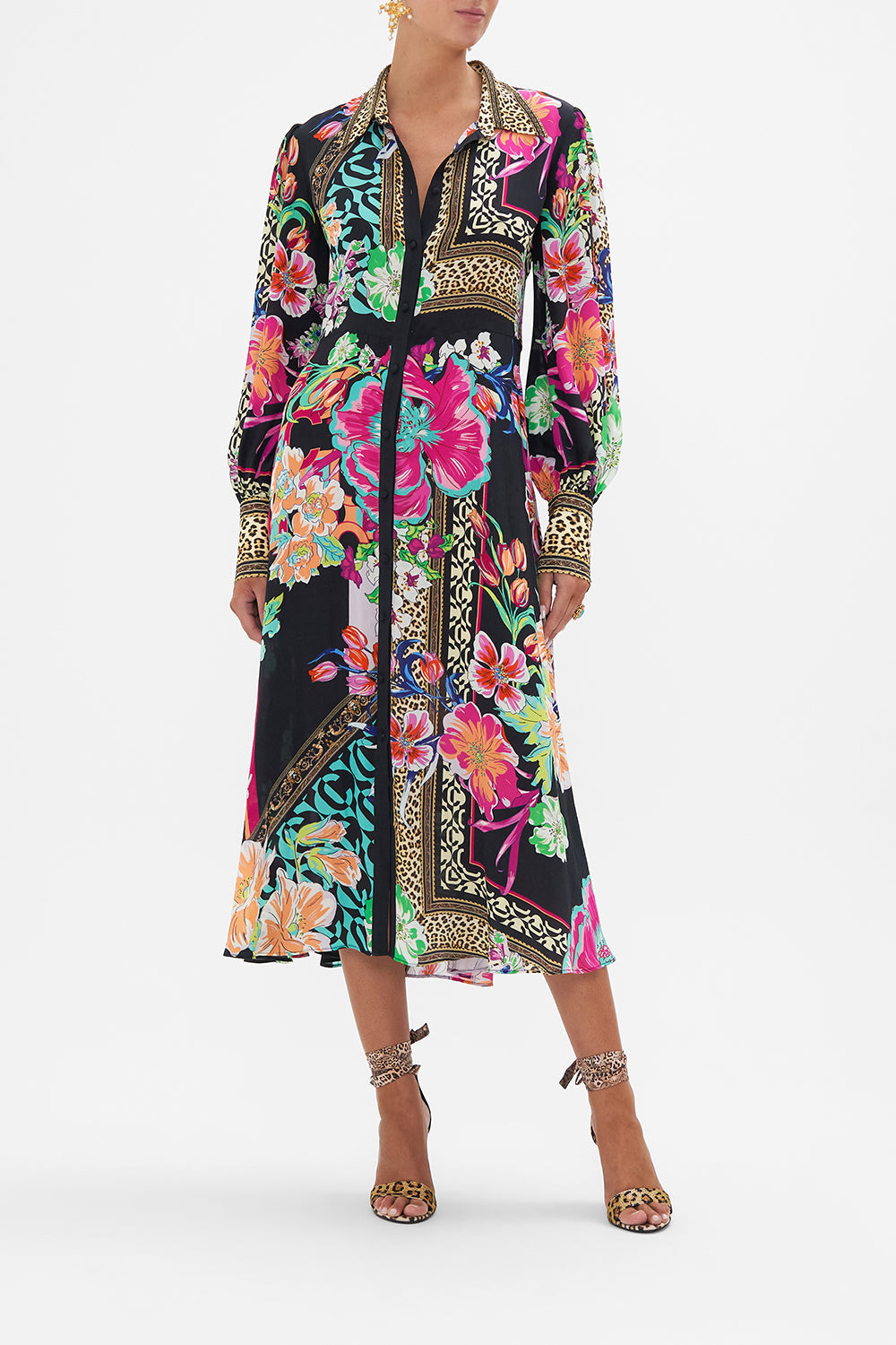 Front view of model wearing CAMILLA silk waist tie dress in Printed Prima Vera print
