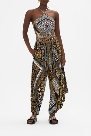 Front view of model wearing CAMILLA printed jersey drape pants in Look Up Tesoro print