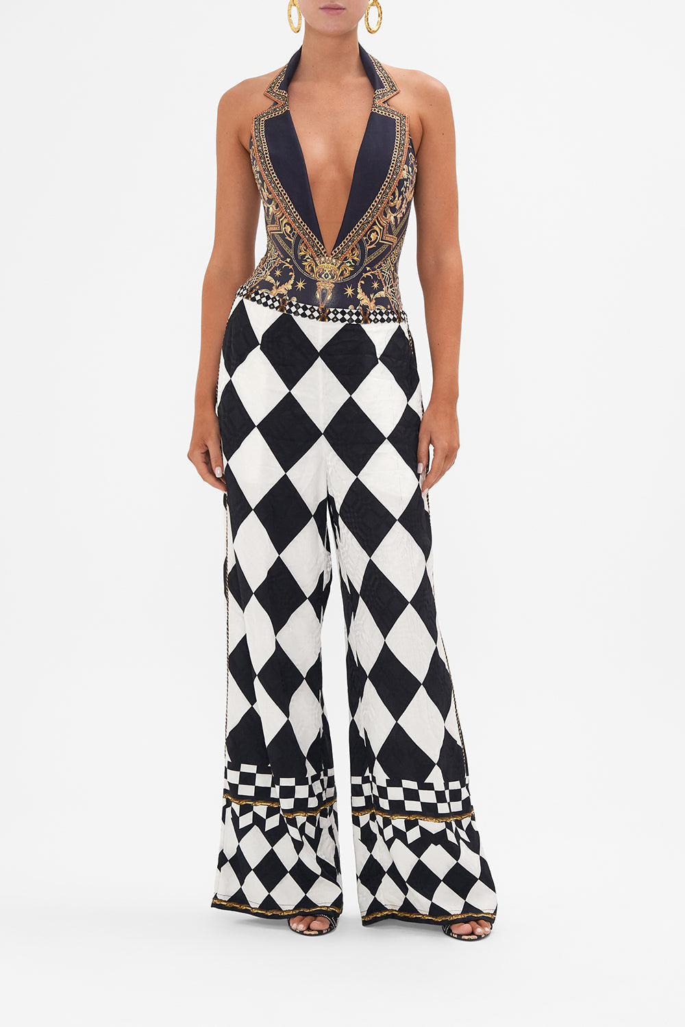 Front view of model wearing CAMILLA silk palazzo pants in Duomo Dynasty print