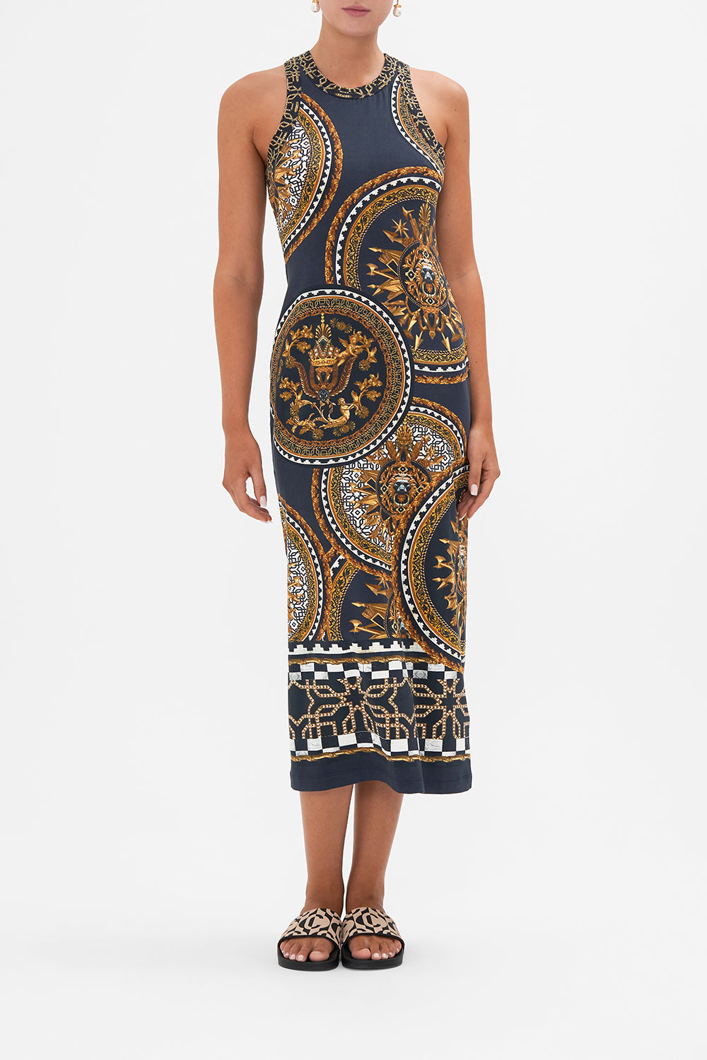 Front view of model wearing CAMILLA jersey tank dress in Duomo Kaleido print