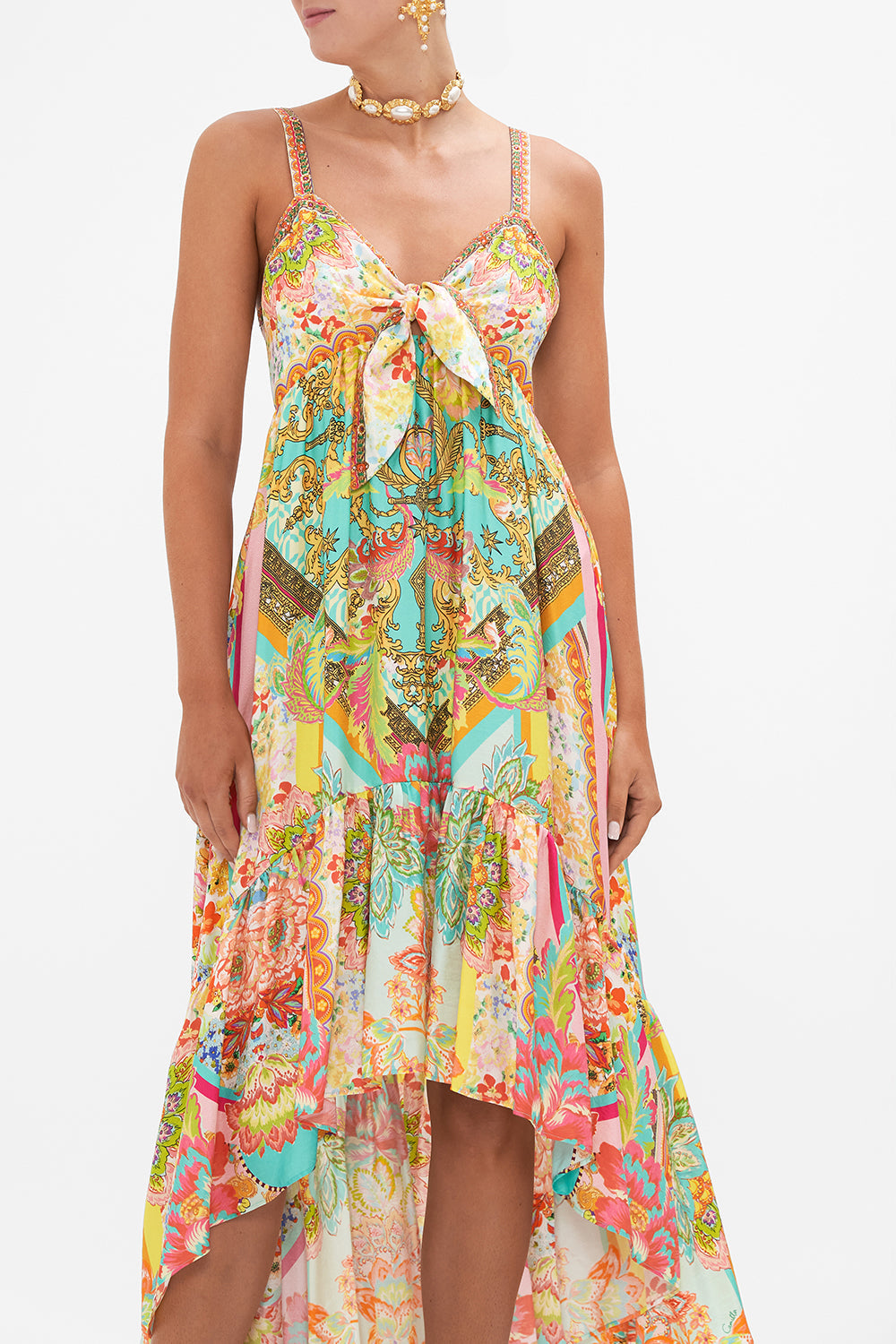 Crop view of model wearing CAMILLA silk tie front dress in An Italian Welcome print