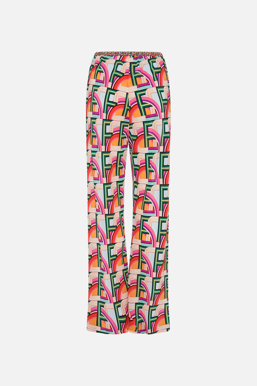 Video of model wearing CAMILLA silk drawstring pant in An Italian Welcome print