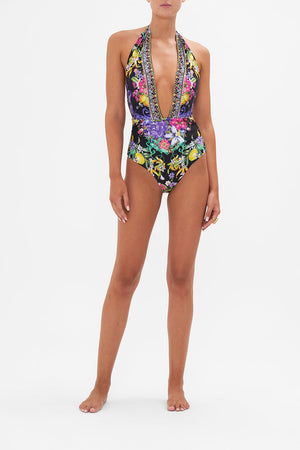 Front view of model wearing CAMILLA floral one piece swimswear in Meet Me In Marchesa print