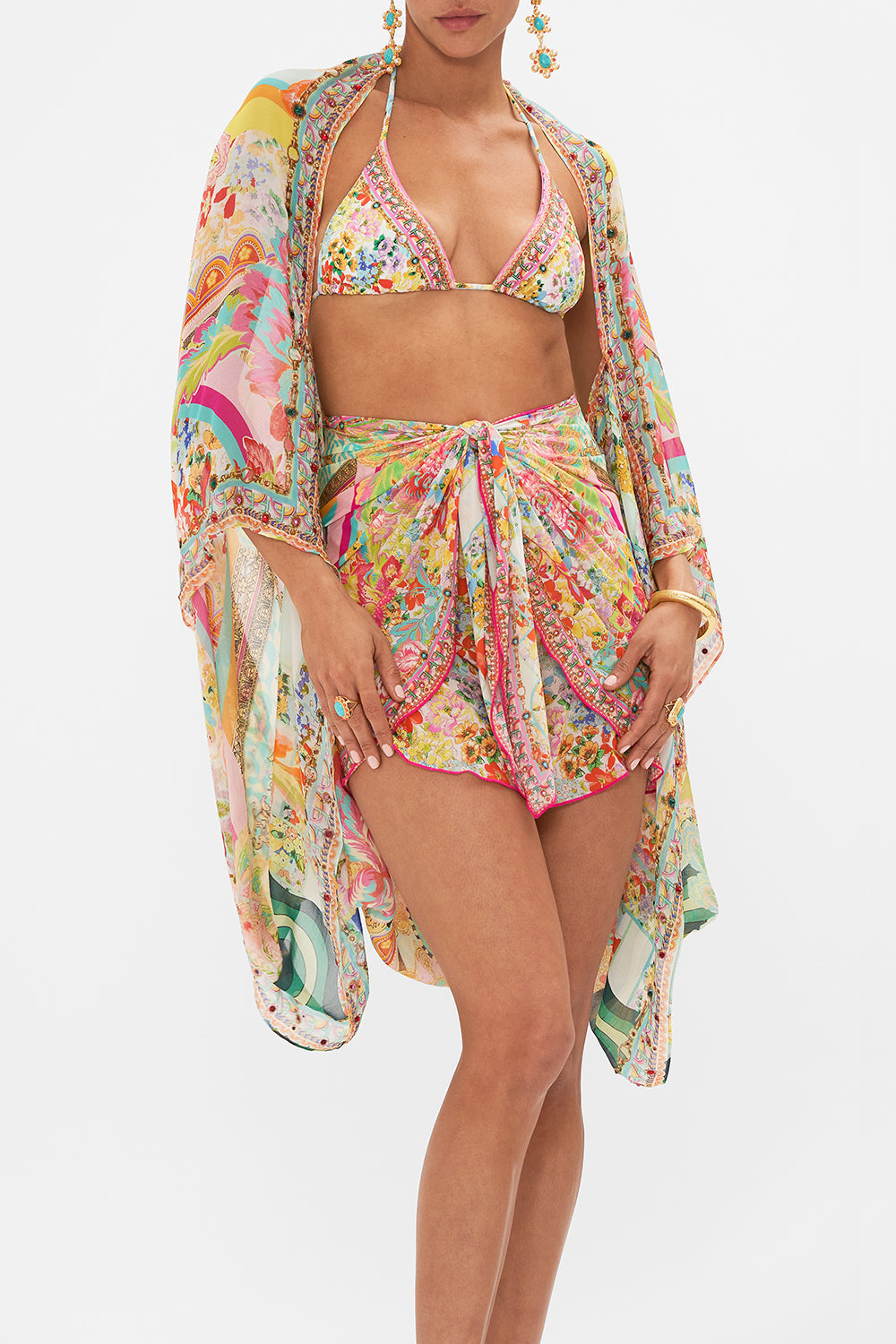 Crop view of model wearing CAMILLA silk shrug in An Italian Welcome print